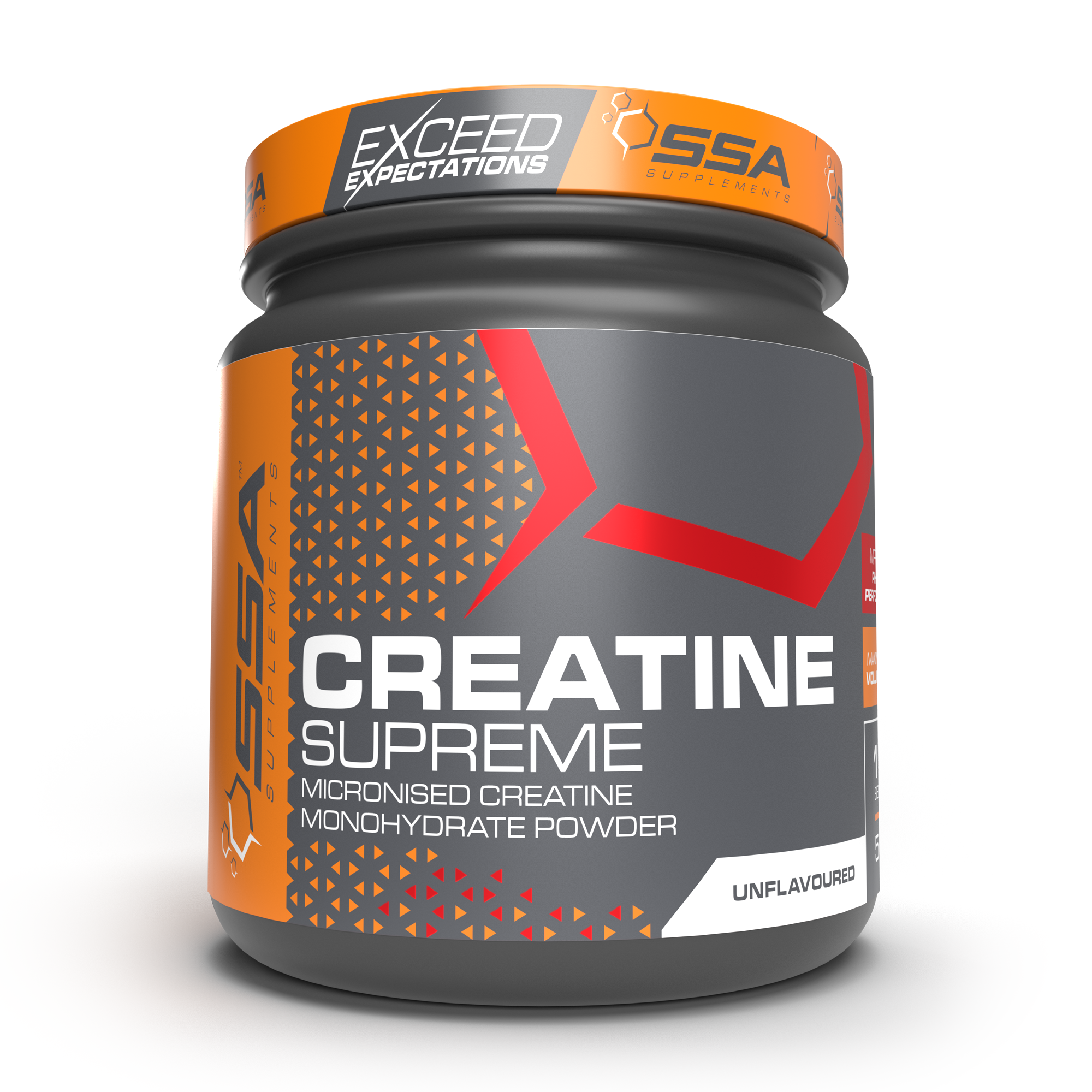 Creatine Supreme supplement container with Exceed Expectations and SSA logos on a white background